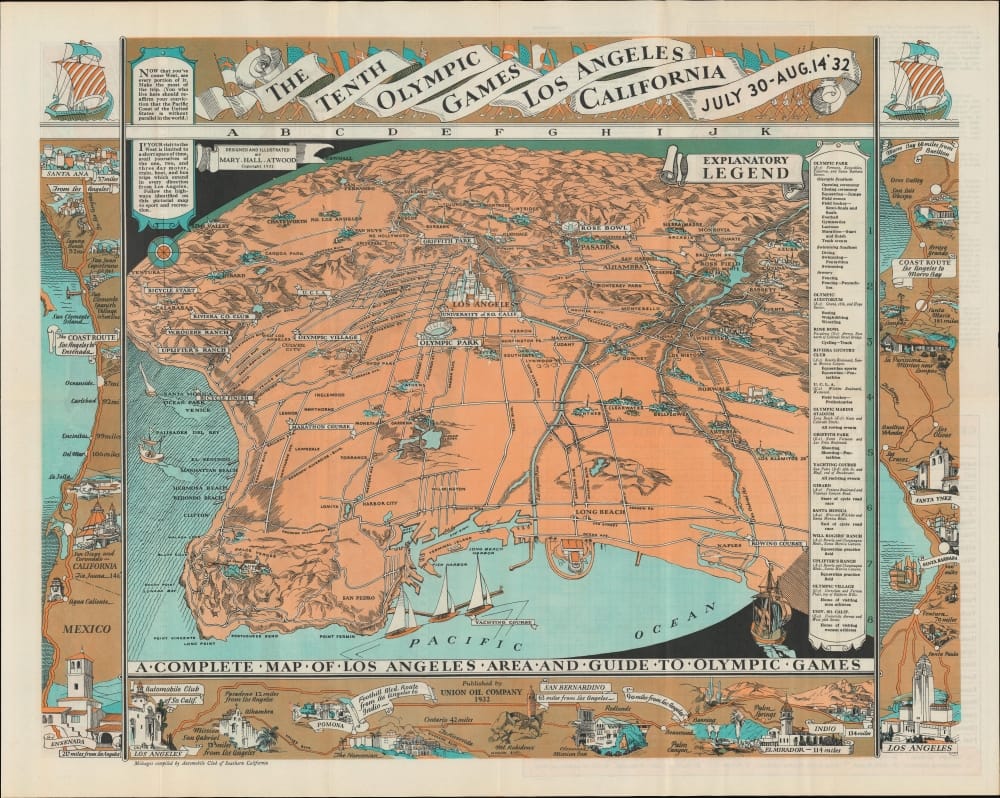 A map of the 1932 Olympucs in Los Angeles showing rail connections and major landmarks on a beautiful illustrated peach and blue map