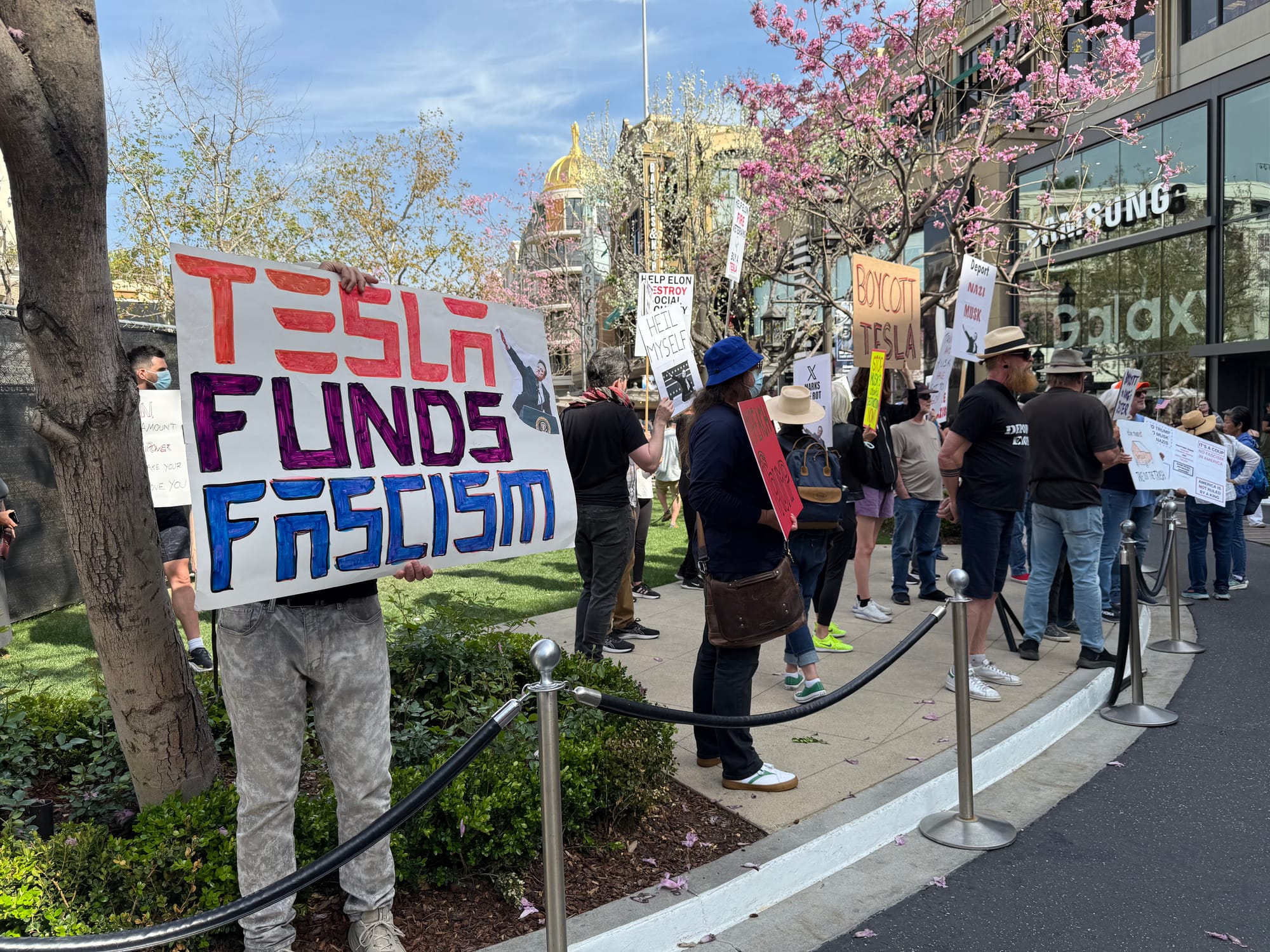 Protesters hold up a sign that reads Tesla Funds Fascism in the center of a green at the Americana