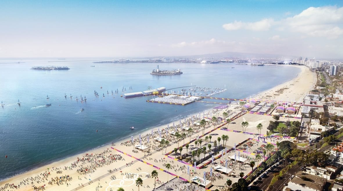 LA28's rendering of Long Beach shows a wide beach filled with fans and the Belmont Pier surrounded by boats and fans