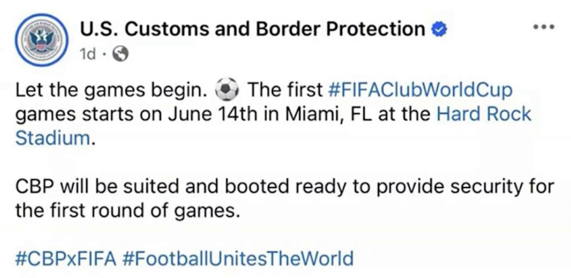   Post   ‪Alissa Walker‬  ‪@awalkerinla.bsky.social‬ · 19d In a press conference, Bass says this is her message to Trump: "Don't you want the World Cup to be a success? A success for you? Well, if that's what you want, give us help."  Five days and we're still doing this? It is very clearly not what he wants! Our vision is not aligned here!  ‪Alissa Walker‬  ‪@awalkerinla.bsky.social‬ · 20d Karen Bass was spot-on in calling out Trump for creating a "chaotic escalation." She's correct — everything was fine until federal agents got here.  But then she kept going on TV and saying LA had to unite because in less than a year LA would be "welcoming the world" for the World Cup  29  80  253    ‪Alissa Walker‬  ‪@awalkerinla.bsky.social‬ · 19d This is what a "successful" World Cup match looks like, according to the White House  ICE and Border Patrol will be at the Club World Cup in Miami. Is that normal? Should non-citizens be concerned about major sporting events when ICE and CBP are assisting with security? www.miamiherald.com  3  3  53    Alissa Walker ‪@awalkerinla.bsky.social‬ This now-deleted tweet says CBP will be "suited and booted" for "the first round of games" of the Club World Cup, starting this week. Six first-round games are at the Rose Bowl in Pasadena.  Read here: latimes.com/sports/soccer/story/2025-06-11/amid-protests-questions-loom-club-world-cup-games U.S. Customs and Border Protection o 1d • S Let the games begin. © The first #FIFAClubWorldCup games starts on June 14th in Miami, FL at the Hard Rock Stadium. CBP will be suited and booted ready to provide security for the first round of games. #CBPxFIFA #FootballUnitesTheWorld ALT June 11, 2025 at 9:42 PM 19 reposts 4 quotes 57 likes  3  23  57     Write your reply  ‪Alissa Walker‬  ‪@awalkerinla.bsky.social‬ · 19d As I wrote yesterday, Bass herself believes that LA is a test case for other federal takeovers. Wouldn't it make sense for the Trump administration to prey upon all these host cities who are so desperate for these megaevents to happen? Will another World Cup host city be next? At a press conference yesterday, Bass said she believes LA is serving as a test case for more Trump takeovers: "what happens when the federal government moves in and takes the authority away." But LA's megaevent-forward stance means we have already relinquished some of our own local authority to the feds. Remember that the Secret Service is LA's lead public safety agency under a special security designation that was granted last summer, four years out from the Olympic and Paralympic Games. Federal officials say the current deployment will last 60 days. But, at this point, who's stopping them from sticking around for the next three years? ALT  ‪Alissa Walker‬  ‪@awalkerinla.bsky.social‬ · 20d I wrote about this extraordinary moment in which LA leaders still seem to believe they can produce a series of megaevents in cooperation with a federal government that has occupied their downtown and is openly abducting their constituents  Tactical alert "We are one year away from the World Cup, how could this be happening?" www.torched.la  1  10  63    ‪David Weiskopf believes in you‬  ‪@dave.bzky.team‬ · 19d Jesus    2    ‪Laura‬  ‪@lauraapollo.bsky.social‬ · 19d Suited and booted?  Is that an often used phrase?       ‪amosnic.bsky.social‬  ‪@amosnic.bsky.social‬ · 19d 📌        Alissa Walker ‪@awalkerinla.bsky.social‬ Home Explore 1 Notifications Chat Feeds Lists Profile Settings  New Post  Following Discover Popular With Friends More feeds Trending  UPenn Coco Gauff Schumer Criticism Brock Boeser Alligator Alcatraz Mariners Feedback • Privacy • Terms • Help  U.S. Customs and Border Protection o 1d • S Let the games begin. © The first #FIFAClubWorldCup games starts on June 14th in Miami, FL at the Hard Rock Stadium. CBP will be suited and booted ready to provide security for the first round of games. #CBPxFIFA #FootballUnitesTheWorld U.S. Customs and Border Protection o 1d • S Let the games begin. © The first #FIFAClubWorldCup games starts on June 14th in Miami, FL at the Hard Rock Stadium. CBP will be suited and booted ready to provide security for the first round of games. #CBPxFIFA #FootballUnitesTheWorld