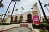 The exterior of LA's grand Union Station hung with signs advertising the venue as a World Cup fan zone