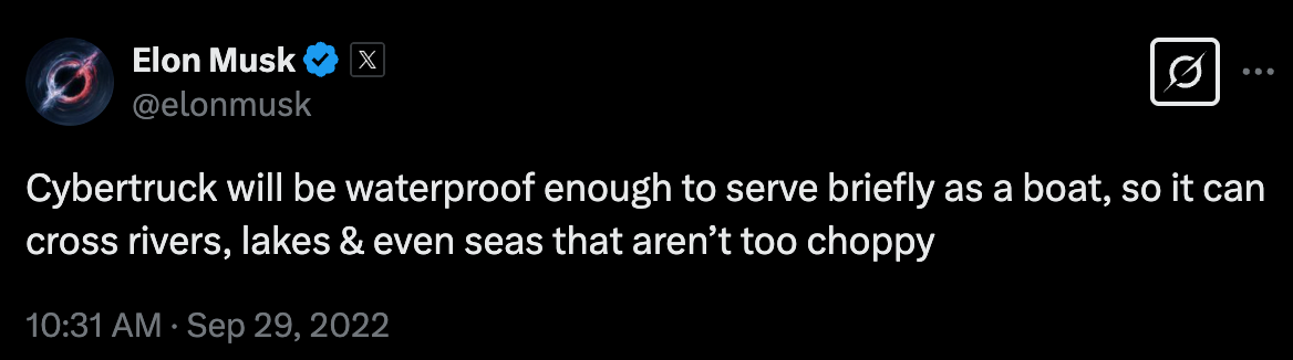 Musk tweet promising CyberTruck could serve as a boat