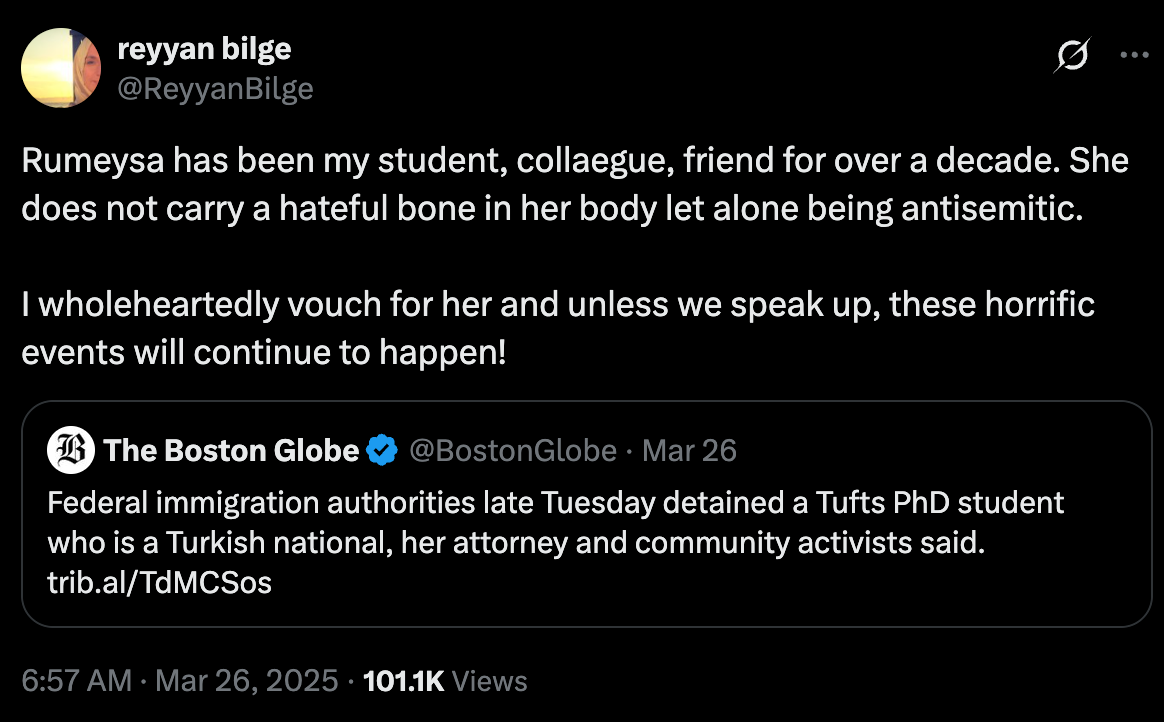 Tweet from Northeastern professor defending Rumeysa Ozturk