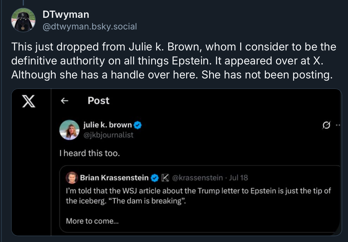 Tweets indicating that there is more information coming about Trump and Epstein.