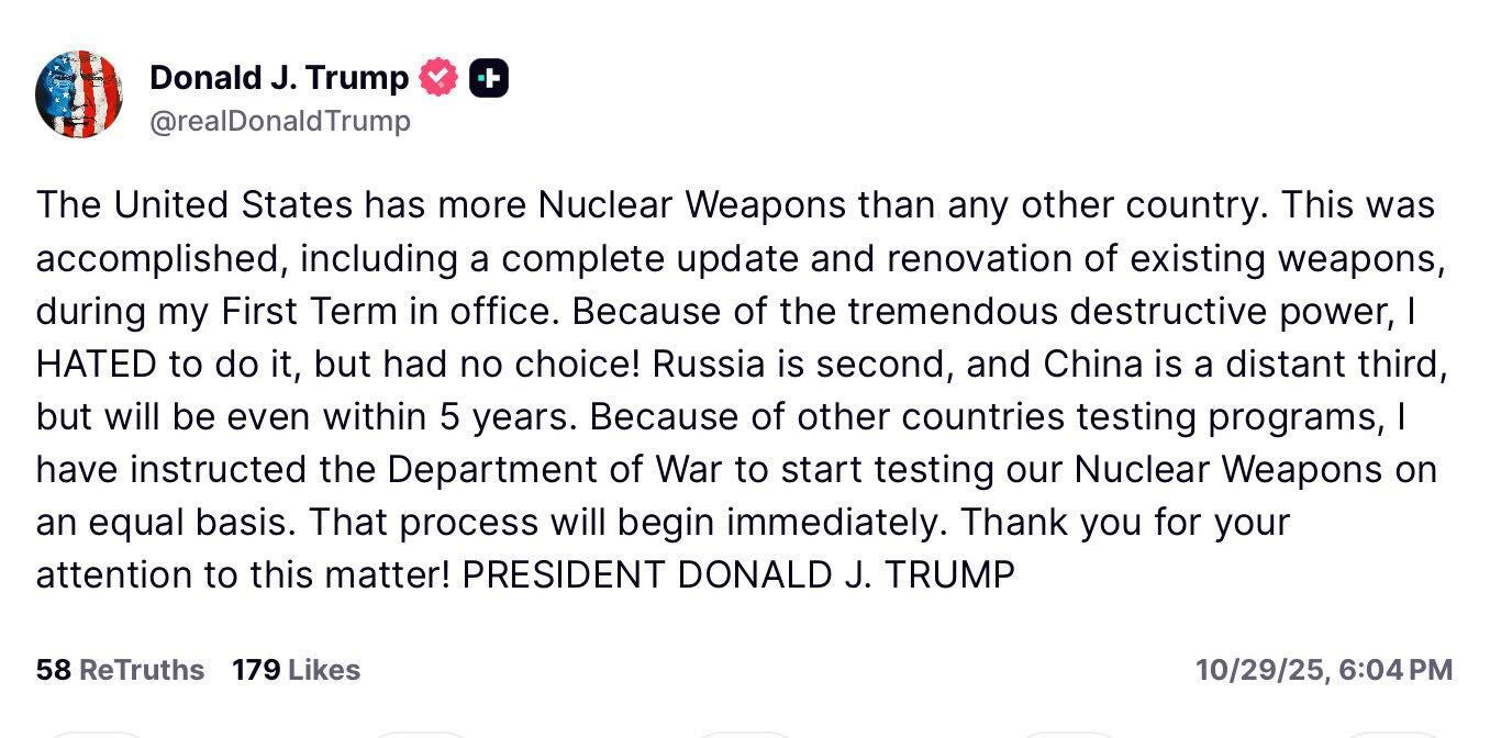 Trump tweet insisting that the US will resume nuclear testing because, according to him, other nations are testing nuclear weapons.