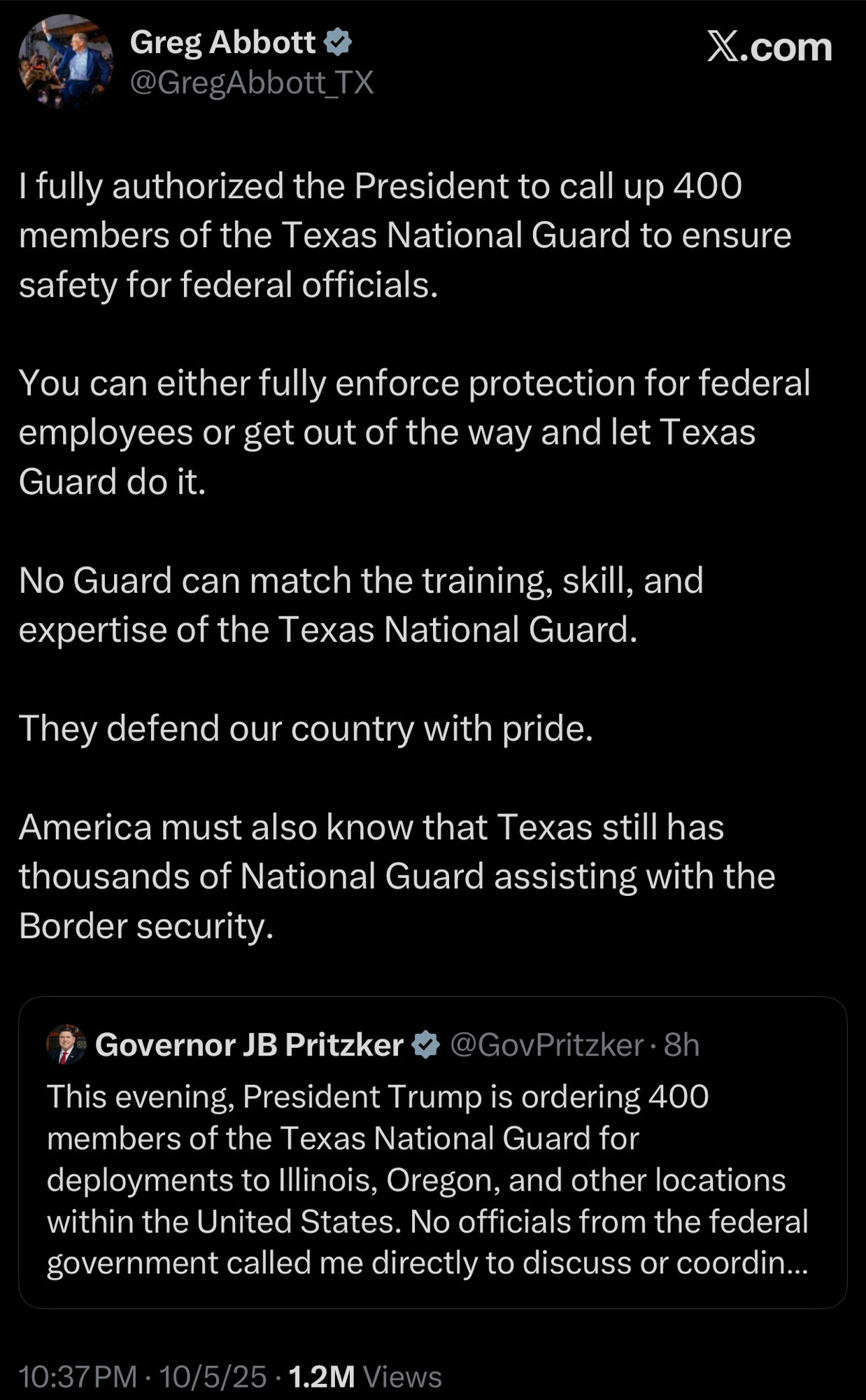 Abbott tweet authorizing Trump to send Texas guard to Illinois