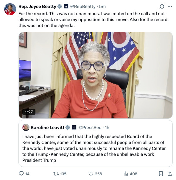 Member of Kennedy Center Board explaining that vote was not unanimous.