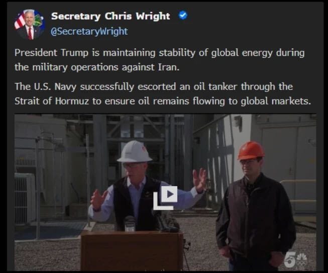 Tweet by Energy Sec. Chris Wright: falsely claiming that the Navy had escorted a ship through the Strait of Hormuz.