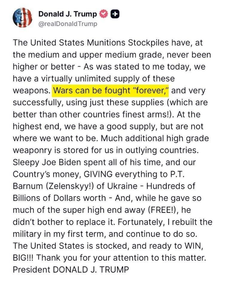 Trump tweet claiming that we have enough missiles to fight forever, but complaining about Biden giving missiles to Ukraine