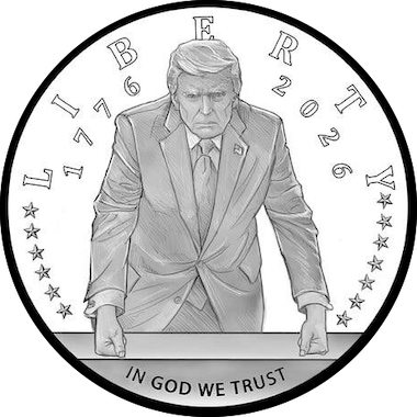 New proposed Trump 'Liberty' coin design: Trump scowling, hunched over, leaning over a flat surface.