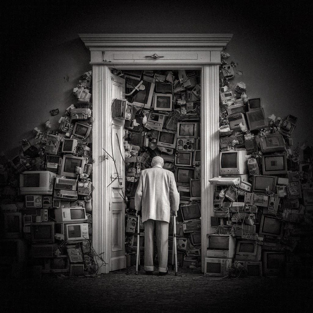 A figure with a walking frame stands at a doorway filled floor to ceiling with discarded monitors.