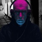 A stylised selfie collage of Awen Null in a narrow Cardiff alley. wearing a hood and headphones.