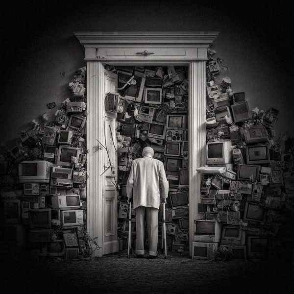 A figure with a walking frame stands at a doorway filled floor to ceiling with discarded monitors.