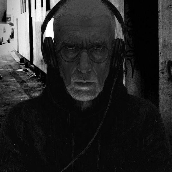 A stylised selfie collage of Awen Null in a narrow Cardiff alley. wearing a hood and headphones.