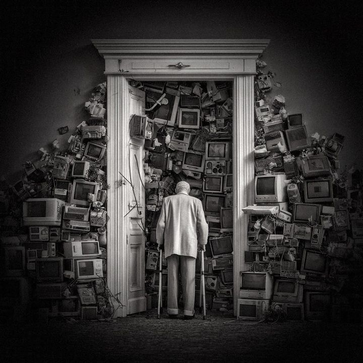 A figure with a walking frame stands at a doorway filled floor to ceiling with discarded monitors.