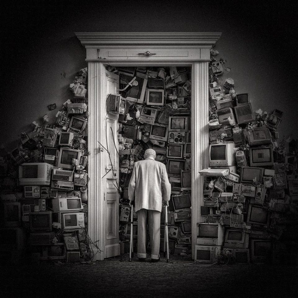A figure with a walking frame stands at a doorway filled floor to ceiling with discarded monitors.