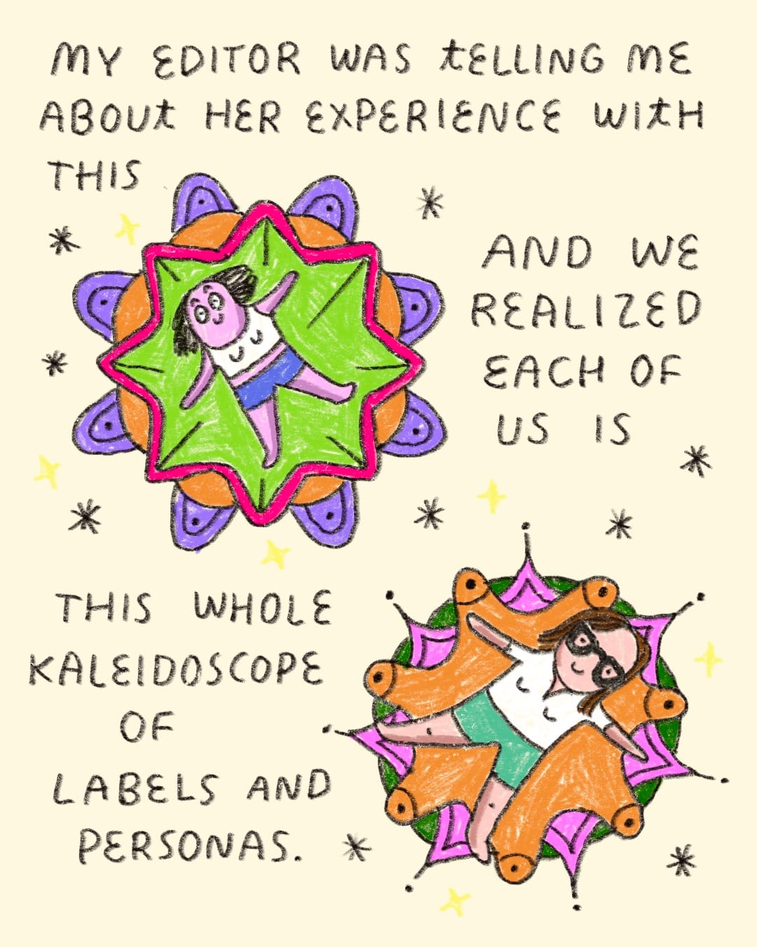 A caption reads: "My editor was telling me about her experience with this. And we realized each of us is this whole kaleidoscope of labels and personas." Illustration shows the pink character and Francesca, with dark hair and glasses, spread-eagled on top of mandalas. 