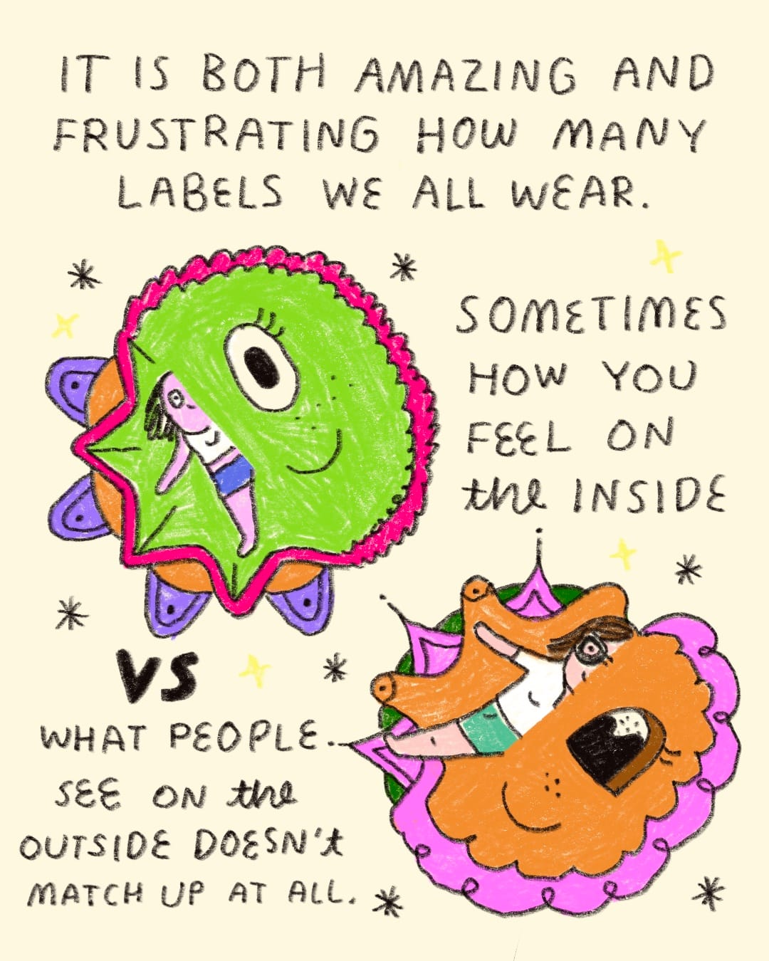 Both the women are still spread-eagled on mandalas, but this time they have been cut in half, and the mandalas are half-smiling faces now. Caption reads: "It is both amazing and frustrating how many labels we all wear. Sometimes how you feel on the inside vs what people see on the outside doesn't match up at all."