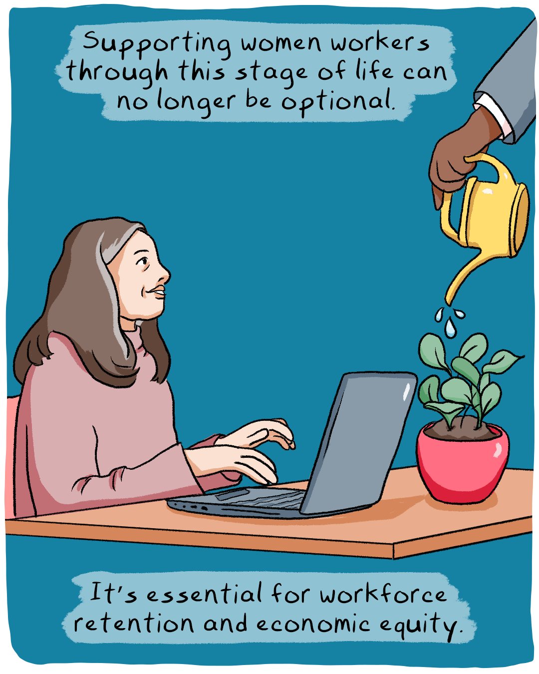 A woman looks up from her laptop as a hand waters a plant on her desk. Caption reads: Supporting women workers through this stage of life can no longer be optional. It's essential for workforce retention and economic equity.