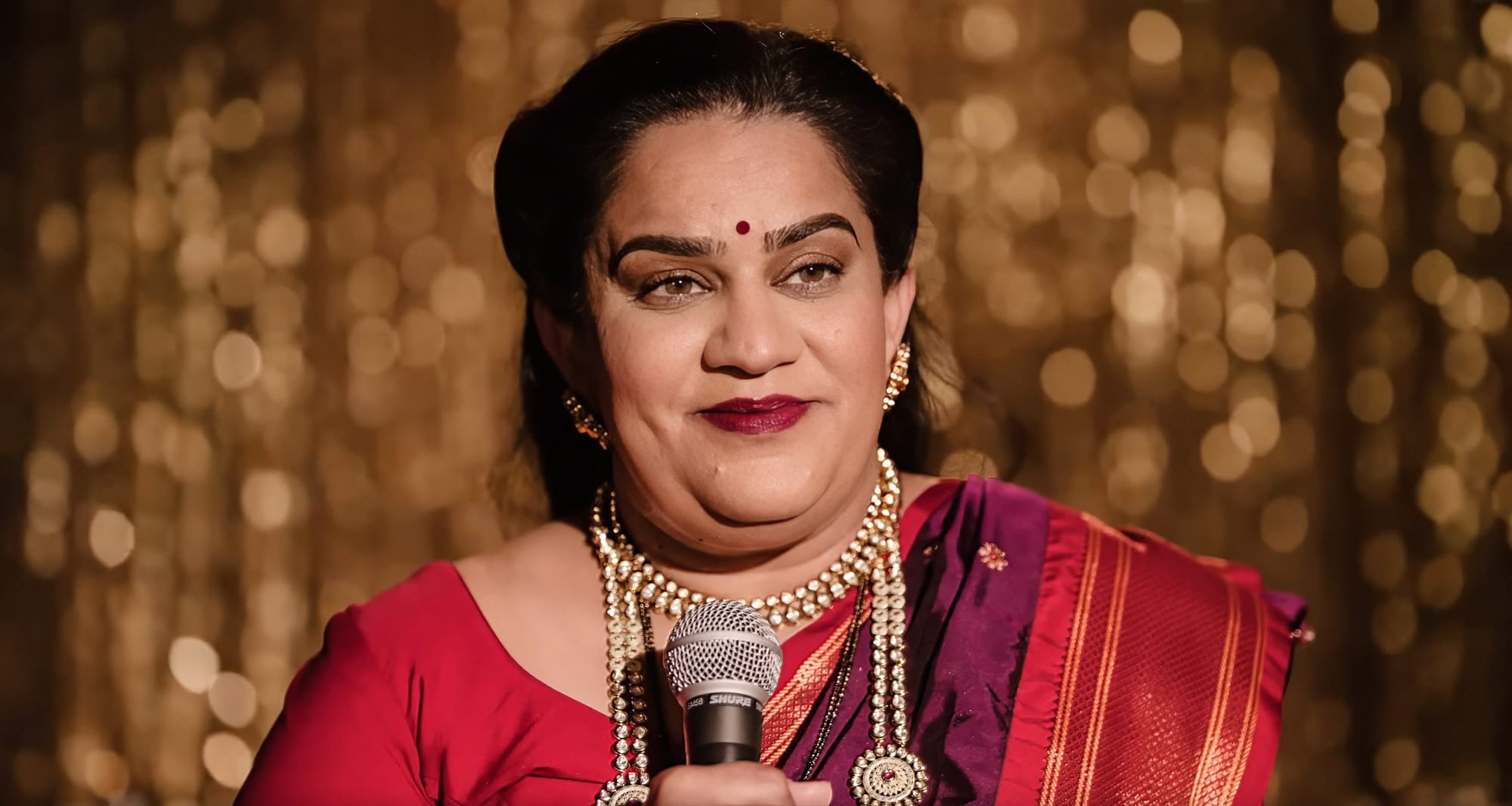 Zarna Garg closeup: She holds a microphone and is wearing a red sari with gold necklace.