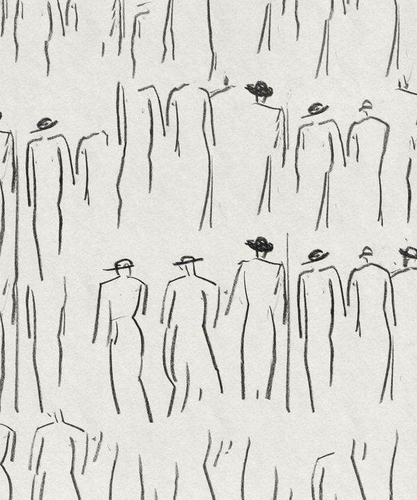 Stylised black-and-white drawing of rows of figures, some wearing hats.