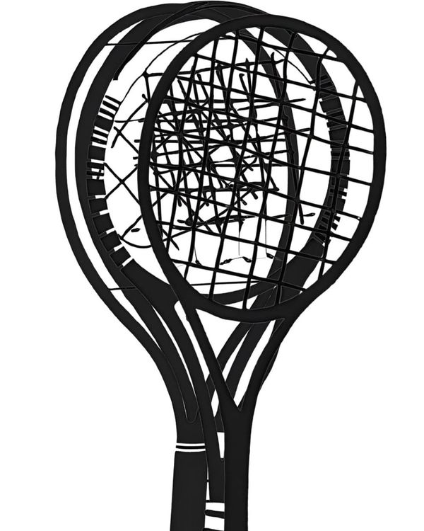 A black and white abstract image of tennis racquets. 