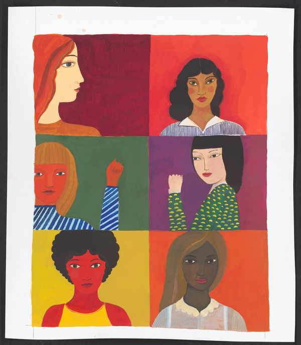 Six brightly-colored panels show different women staring ahead.