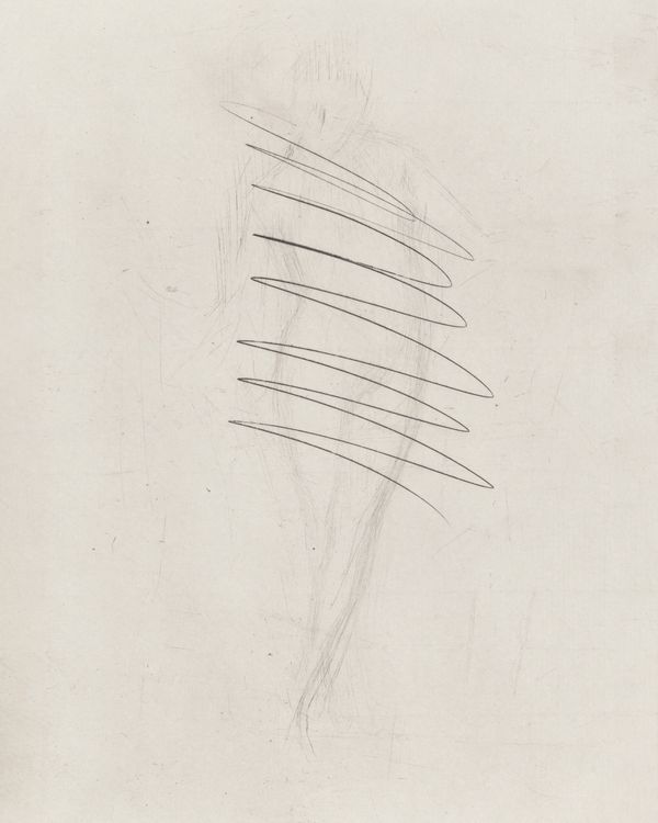 A pencil drawing of a woman's body with a scribble over it. 