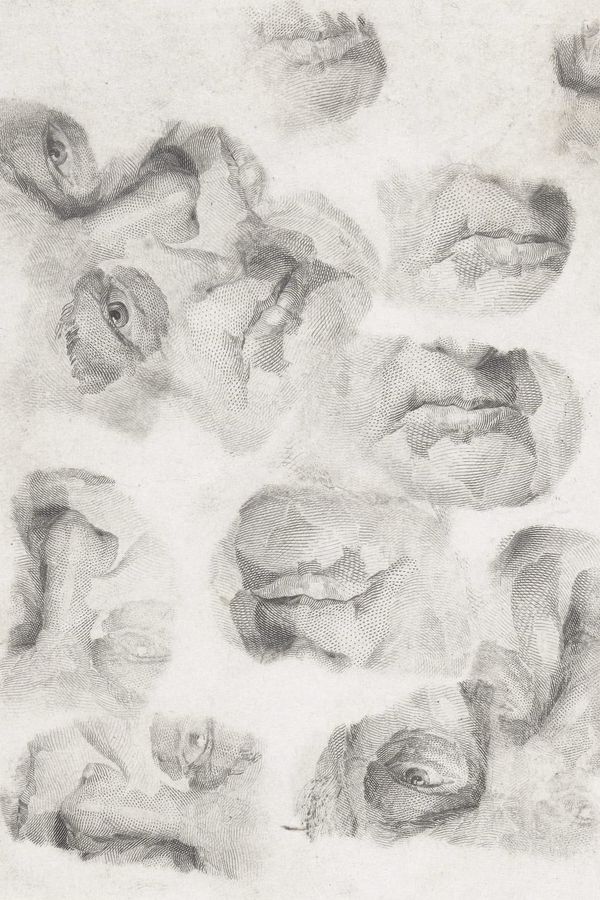 A black and white collage of printed images of human eyes, noses and mouths