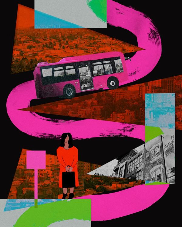 A collage illustration of Karachi and a woman waiting along the route for the Pink Bus.