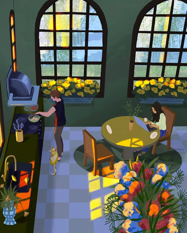 Illustration of a man cooking at a stove while a woman works at her laptop.