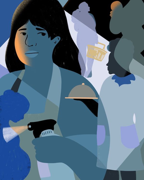 A blue and grey collage of women doing various unpaid labor tasks including cleaning, serving food and grocery shopping.