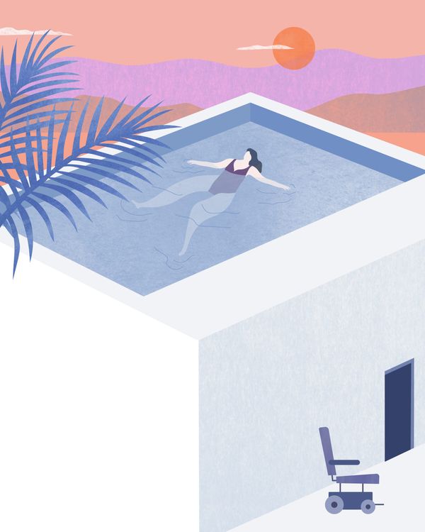 An artists's rendering of a woman floating on her back in a lovely swimming pool. Next to the pool is a powerchair. 