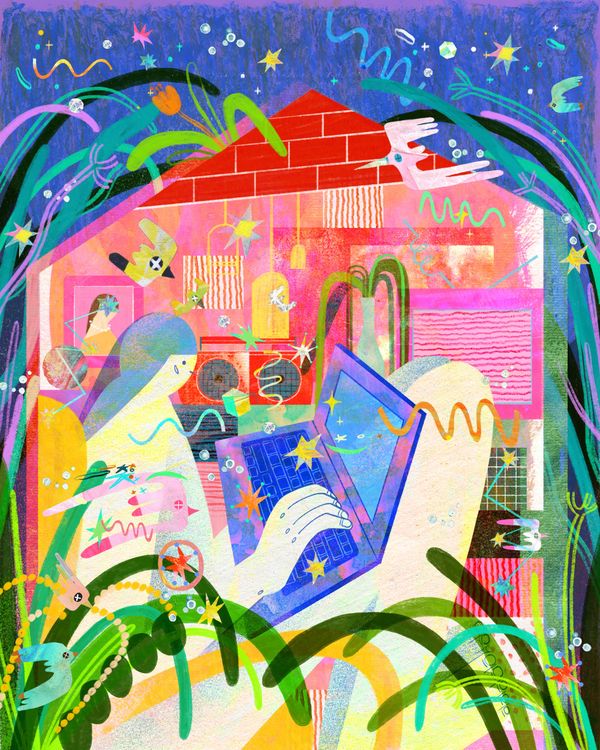 An illustration of a woman working at her laptop; behind her is cross-section of a house; overlaid are pictures of birds and flowers.