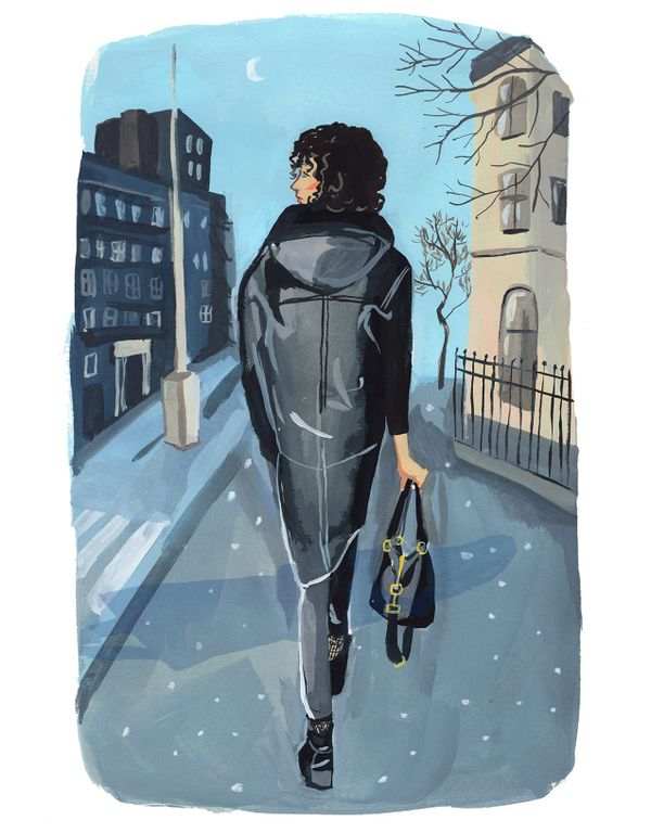 A painting of a stylish woman walking in a city street with the moon rising. She is looking around her. 