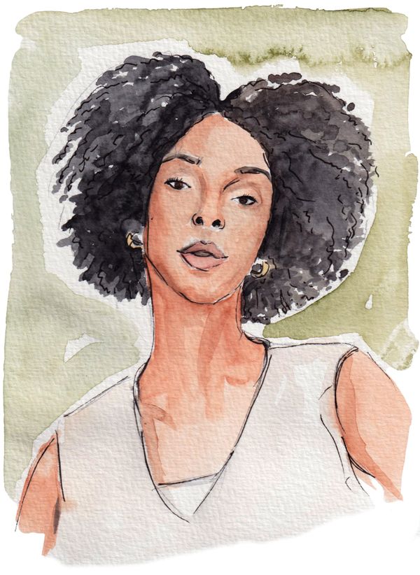 A watercolor rendering of the actor Ebony Obsidian. She wears a sleeveless top and her hair frames her face.