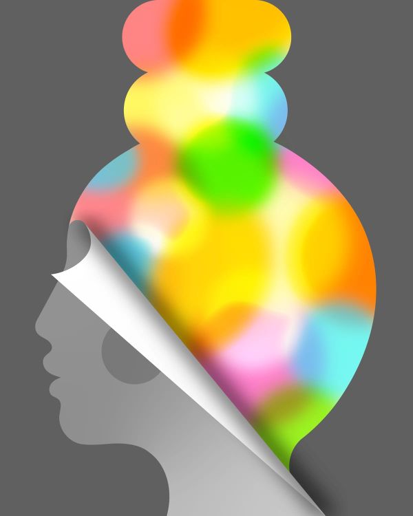 A grey-tone illustration of a woman in profile, but one corner is being peeled back to reveal a rainbow of colors inside her head.