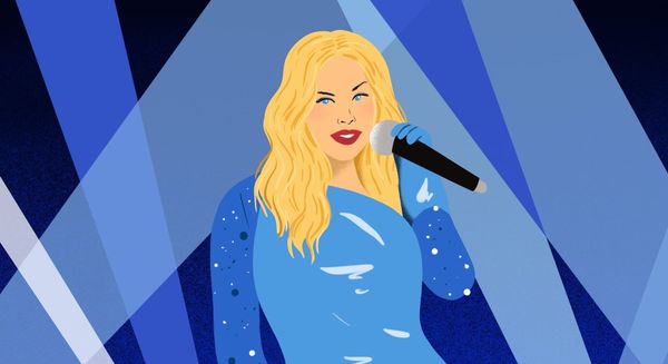 An illustration of the singer Kylie Minogue dressed in a shiny blue dress and pants, holding a microphone. 