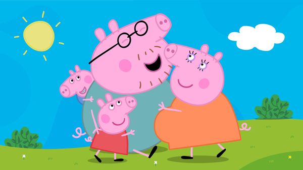 A picture of the Pig family from Peppa Pig. Mummy Pig sports a baby bump.