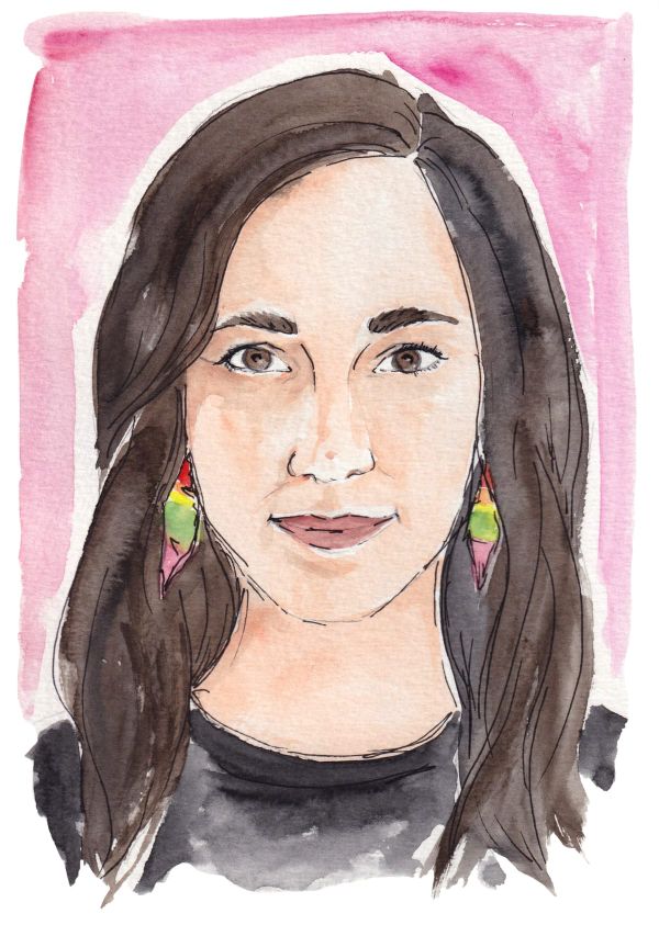 Watercolor image of Nancy Borowick, a white woman with long dark hair, brown eyes and colorful earrings.
