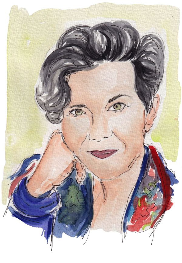 A watercolor of Rachel Feldman, a white woman with green eyes and short dark hair, wearing a colorful jacket.