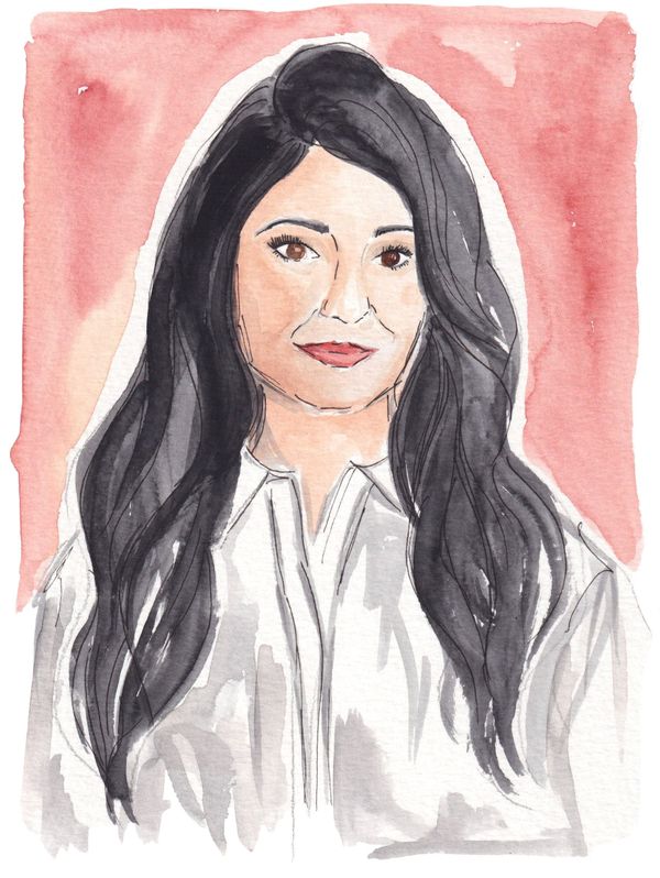 Watercolor image of Saumya Dave, with brown eyes and long dark hear, wearing a white shirt. 