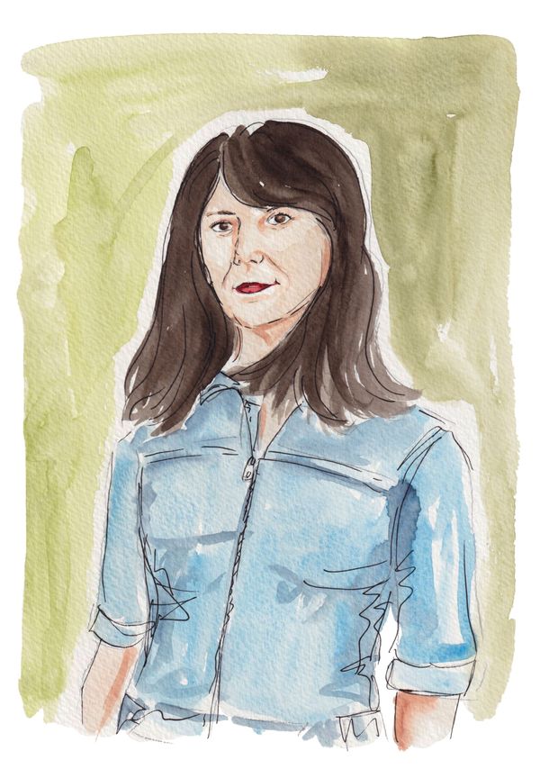 Watercolor of Megan Clement, a white woman with dark hair and red lipstick in a denim boilersuit.