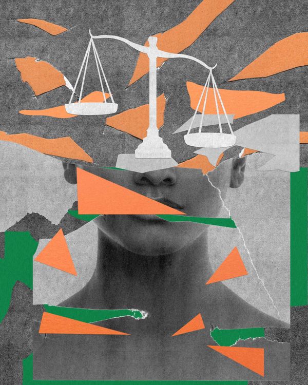 An illustration shows a woman's face and a pair of justice scales covered over with scraps of paper in green and orange.
