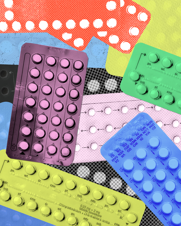 A photo illustration shows a scattered collection of packets of the pill, depicted in bright colors.