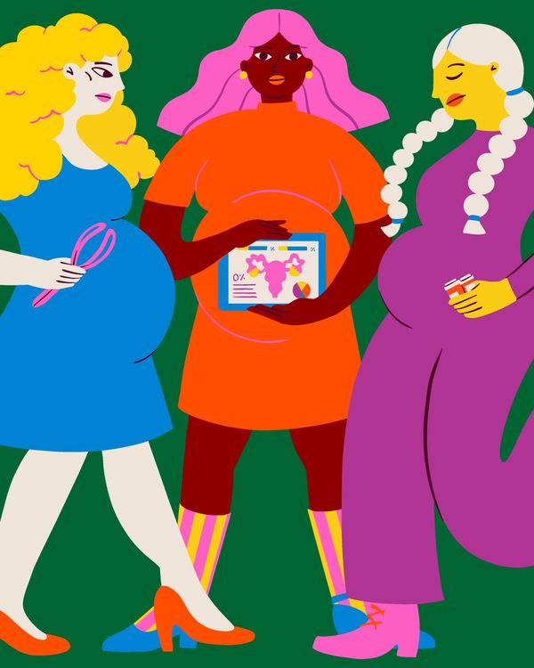 An illustration of three pregnant women holding interventional medical devices and medicines 