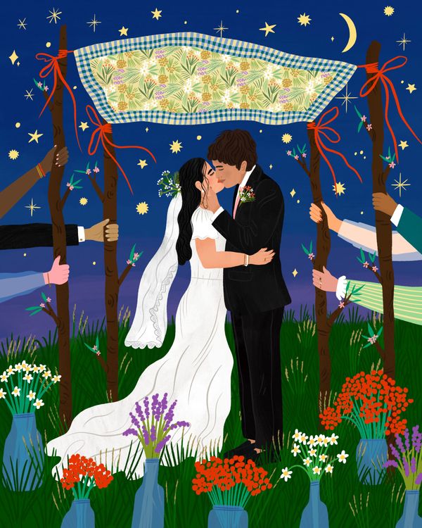 An illustration of a bride and groom embracing under a chuppah. The chuppah is held up by friends.