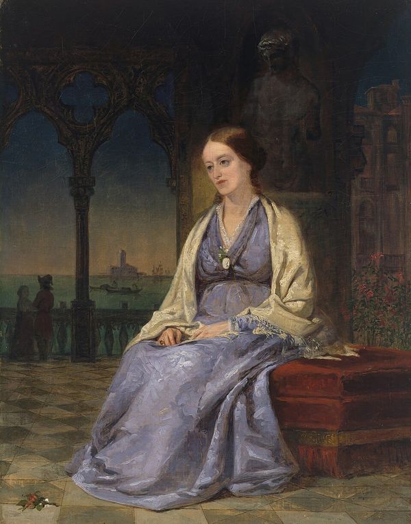 Oil painting of Margaret Fuller, a brunette woman in a cornflour blue gown, with a cream shawl draped over her shoulders.