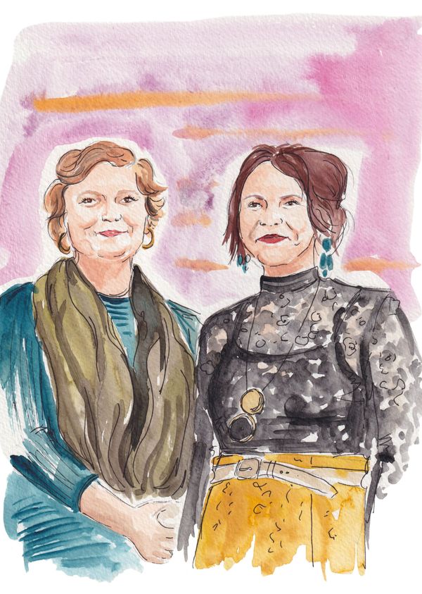 A watercolor painting of Margo Selby (left) and Helen Caddick (right), the creators of "Moon Landing"