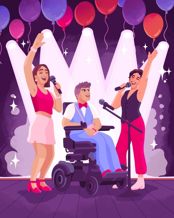 An artist illustration shows three people on a stage singing karaoke with balloons above. Two are standing, one is seated in a powerchair.